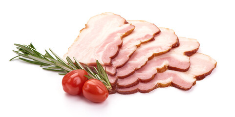 Pork brisket slices, smoked meat, isolated on white background