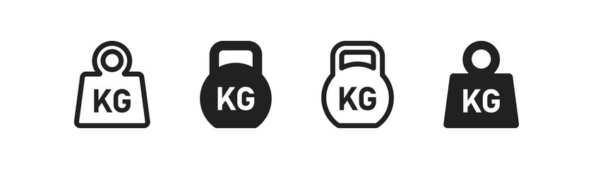 Weight icon set. Kg bell logo. Kettlebell, heavy sign. Iron dumbbell sumbol in vector flat - obrazy, fototapety, plakaty