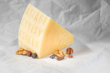 Piece of cheese, nuts and dried fruits