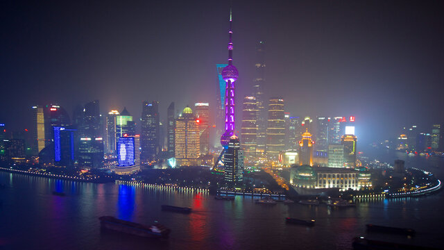 Oriental tower, Pudong District at evening, Oriental tower has height 468 m (1,535 feet), it was the tallest structure in China