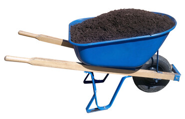 Spring wheelbarrow filled with mulch. Isolated. - obrazy, fototapety, plakaty