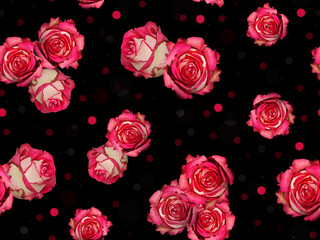Seamless floral pattern with pink roses on a black background.