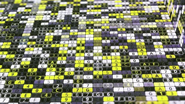 Bright glowing computer symbols appear on a grid of futuristic big data background. Animation. Information and technology concept, seamless loop.
