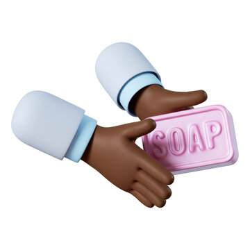 3d render. Hygiene icon. Cartoon character african doctor washes hands with big piece of pink soap. Hand hygiene rules reminder illustration. Clip art isolated on white background