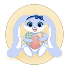 Easter card. Cute Easter rabbit. Yellow round background. Vector illustration.