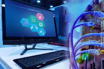 Stationary server smart home technology. Server equipment next to computer. Smart home software...