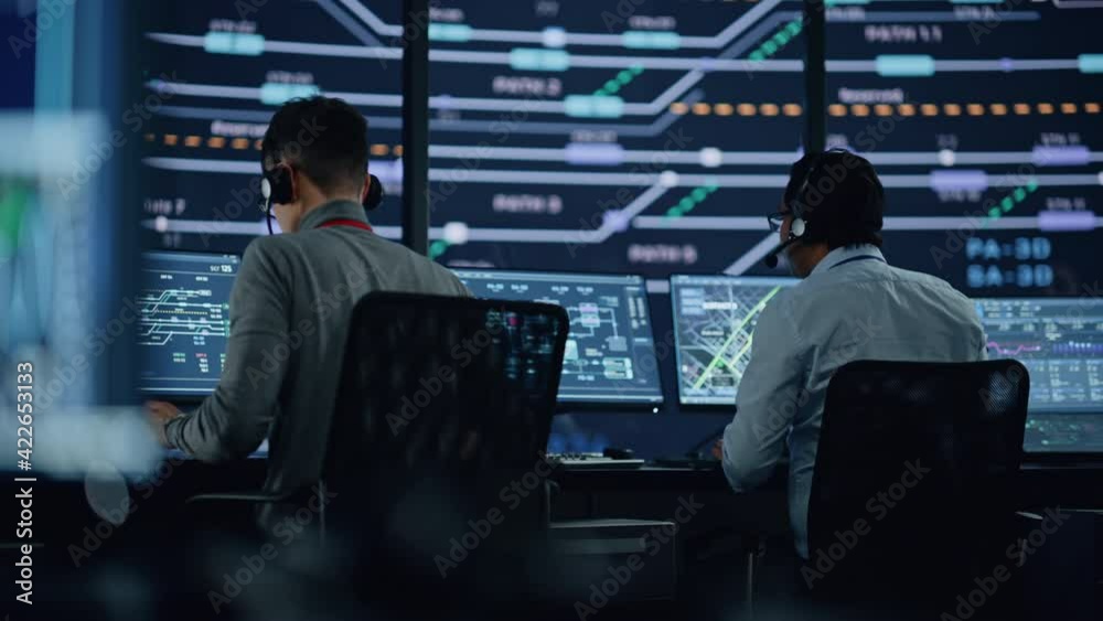 Poster Professional IT Technical Support Specialists and Software Programmer Working on Computers in Monitoring Control Room with Digital Screens with Server Data, Blockchain Network and Surveillance Maps. 