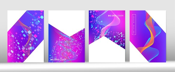 Fototapeta na wymiar Trendy Covers Set. Big Data Neon Tech Wallpaper. 3D Liquid Shapes Music Cover Layout.