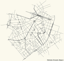 Black simple detailed street roads map on vintage beige background of the quarter Etterbeek municipality of Brussels, Belgium