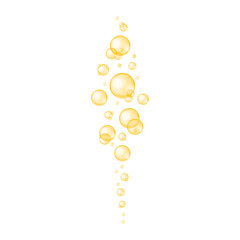 Golden glossy bubbles streaming. Collagen, serum, jojoba cosmetic oil, vitamin A or E, omega fatty acids balls. Vector realistic illustration.