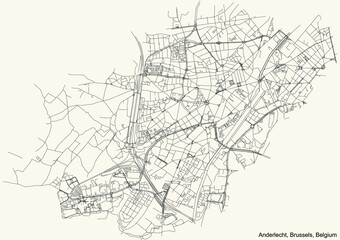 Black simple detailed street roads map on vintage beige background of the quarter Anderlecht municipality of Brussels, Belgium