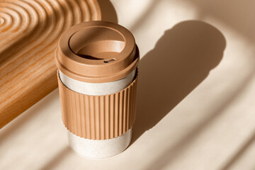 Reusable cup, biodegradable travel plastic coffee mug for take away. Sustainable bamboo eco...