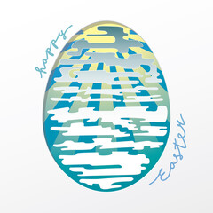 Happy Easter Cut Paper Style Creative Concept with Sky Sun Japanese Style Clouds in Egg Shape and Logo Lettering - White and Yellow on Blue Background - Hand Drawn Design.