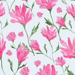Pink big flowers watercolor painting - summer seamless pattern on light blue background