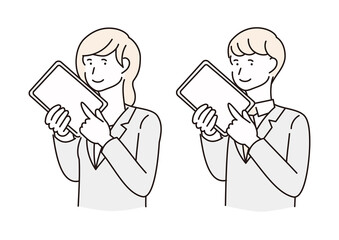 タブレットを見せながら操作する男女