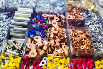 Obraz premium Selective focus to many electronic and electric device connector. Small equipment for use with electronic work and electric work.