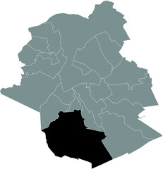 Black location map of the Brusselian Uccle (Ukkel) municipality inside the Belgian capital city of Brussels, Belgium