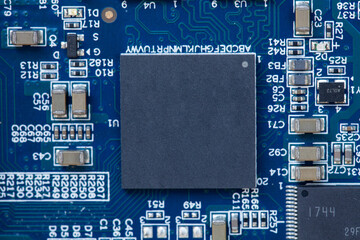 electronic circuit board with CPU microchip electronic components background