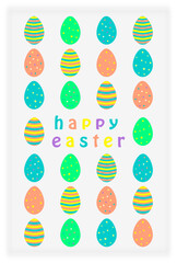 Happy easter card with different colored eggs with stripes, waves, dots, stars, and spirals