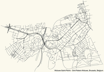 Black simple detailed street roads map on vintage beige background of the quarter Woluwe-Saint-Pierre (Sint-Pieters-Woluwe) municipality of Brussels, Belgium