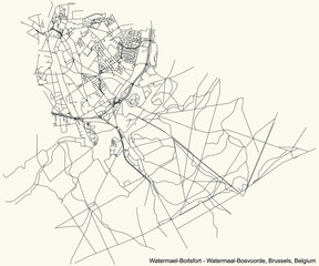 Obraz premium Black simple detailed street roads map on vintage beige background of the quarter Watermael-Boitsfort (Watermaal-Bosvoorde) municipality of Brussels, Belgium