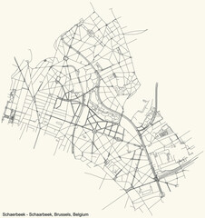 Black simple detailed street roads map on vintage beige background of the quarter Schaerbeek municipality of Brussels, Belgium