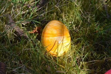 Yellow colored easteregg in the mossy grass