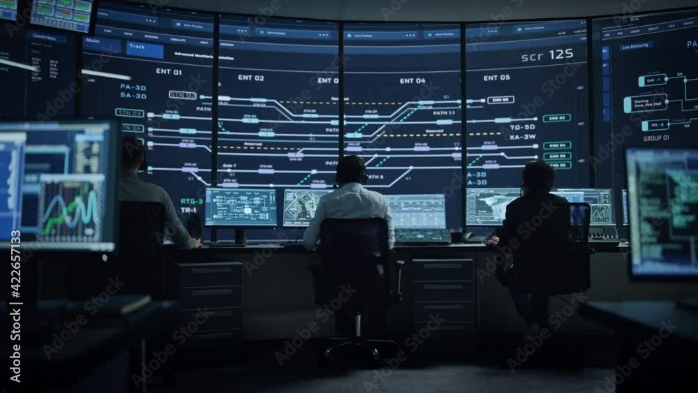 Poster Professional IT Technical Support Specialists and Software Programmer Working on Computers in Monitoring Control Room with Digital Screens with Server Data, Blockchain Network and Surveillance Maps. 
