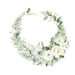 Fototapeta na wymiar Watercolor floral wreath of greenery. Hand painted frame of white flowers, green eucalyptus leaves, forest fern, gypsophila isolated on white background. Botanical illustration for design, print