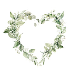 Watercolor floral wreath of greenery. Hand painted frame heart of green eucalyptus leaves, forest fern, gypsophila isolated on white background. Botanical illustration for design, print - obrazy, fototapety, plakaty