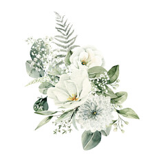 Watercolor floral composition. Hand painted white flowers, forest leaves of fern, eucalyptus. Bouquet isolated on white background. Botanical illustration for design, print or background © 60seconds