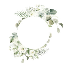 Watercolor floral wreath of greenery. Hand painted frame of white flowers,  green eucalyptus leaves, forest fern, gypsophila isolated on white background. Botanical illustration for design, print