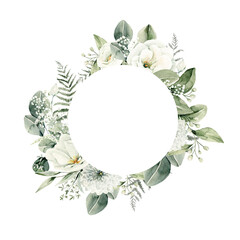 Watercolor floral wreath of greenery. Hand painted frame of white flowers,  green eucalyptus leaves, forest fern, gypsophila isolated on white background. Botanical illustration for design, print © 60seconds
