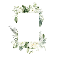 Watercolor floral wreath of greenery. Hand painted frame of white flowers,  green eucalyptus leaves, forest fern, gypsophila isolated on white background. Botanical illustration for design, print