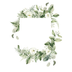 Watercolor floral wreath of greenery. Hand painted frame of white flowers,  green eucalyptus leaves, forest fern, gypsophila isolated on white background. Botanical illustration for design, print