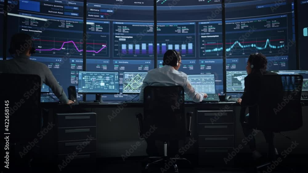 Poster Professional IT Technical Support Specialists and Software Programmer Working on Computers in Monitoring Control Room with Digital Screens with Server Data, Blockchain Network and Surveillance Maps. 
