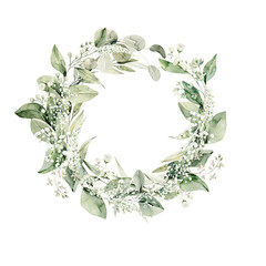 Watercolor floral wreath of greenery. Hand painted frame of green eucalyptus leaves, forest fern, gypsophila isolated on white background. Botanical illustration for design, print - obrazy, fototapety, plakaty