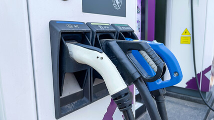 Closeup of Charging station for electric cars. Supporting new technology electric vehicles