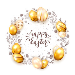Golden Eggs and Happy Easter on White Background