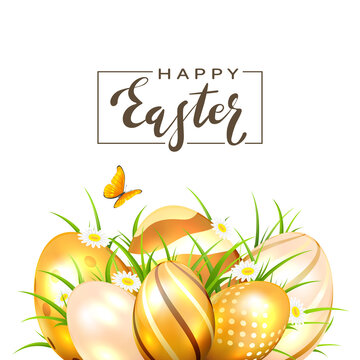 Golden Easter Eggs and Butterfly on White Background