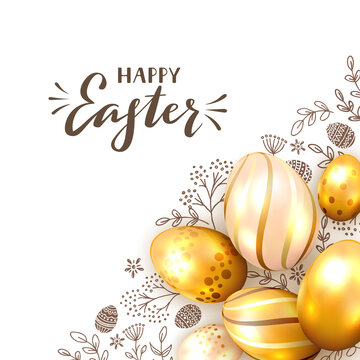 Golden Eggs and Floral Elements on White Background