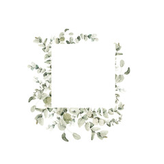 Watercolor floral wreath of greenery. Hand painted frame of green eucalyptus leaves, forest leaf isolated on white background. Botanical illustration for design, print, wedding card