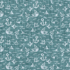 Fototapeta na wymiar Aegean teal sail boat patterned linen texture background. Summer coastal living style home decor fabric effect. Sea green wash grunge sailing fashion. Decorative maritime textile seamless pattern 