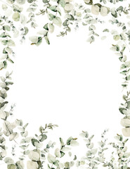 Watercolor floral wreath of greenery. Hand painted frame of green eucalyptus leaves, forest leaf isolated on white background. Botanical illustration for design, print, wedding card