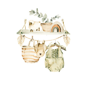 Watercolor boho nursery set. Hand painted cute children room decor of bag, girl dress, eucalyptus isolated on white background. Vintage illustration for design, print, baby shower