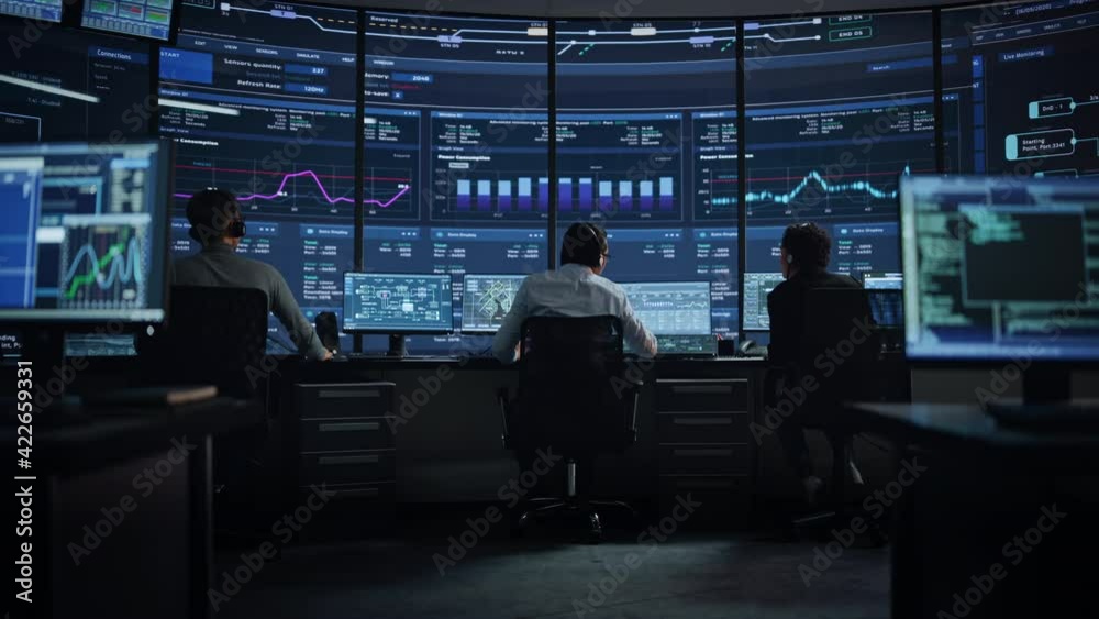 Poster Professional IT Technical Support Specialists and Software Programmer Working on Computers in Monitoring Control Room with Digital Screens with Server Data, Blockchain Network and Surveillance Maps. 