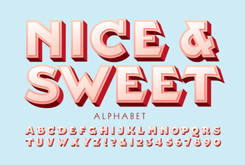 Nice and Sweet is a raised 3d alphabet style that has soft pastel pinks on a baby blue background. Good logo font for kids products, candy, snacks, and sweets.