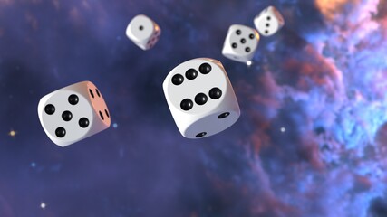 Rolling white-black dices under space sky background. 3D CG. 3D illustration. 3D high quality rendering.