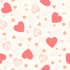 Cute background with hearts and baby feet. Seeamless pattern for baby design. Pastel colors, pink shades. Vector