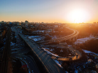 Obraz na płótnie Canvas Evening Voronezh cityscape. Transport junction, aerial view